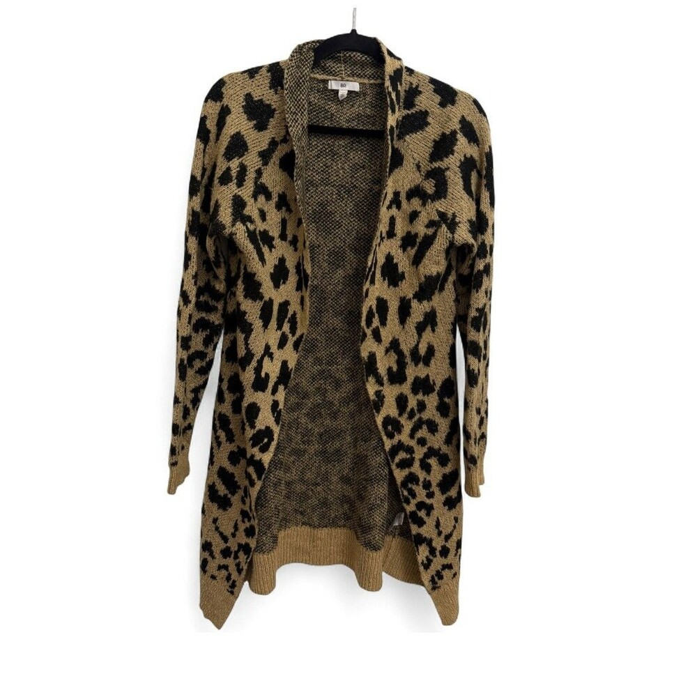 BP Nordstrom Long Leopard Jacquard Open Front Cardigan Sweater Tan Black Size S